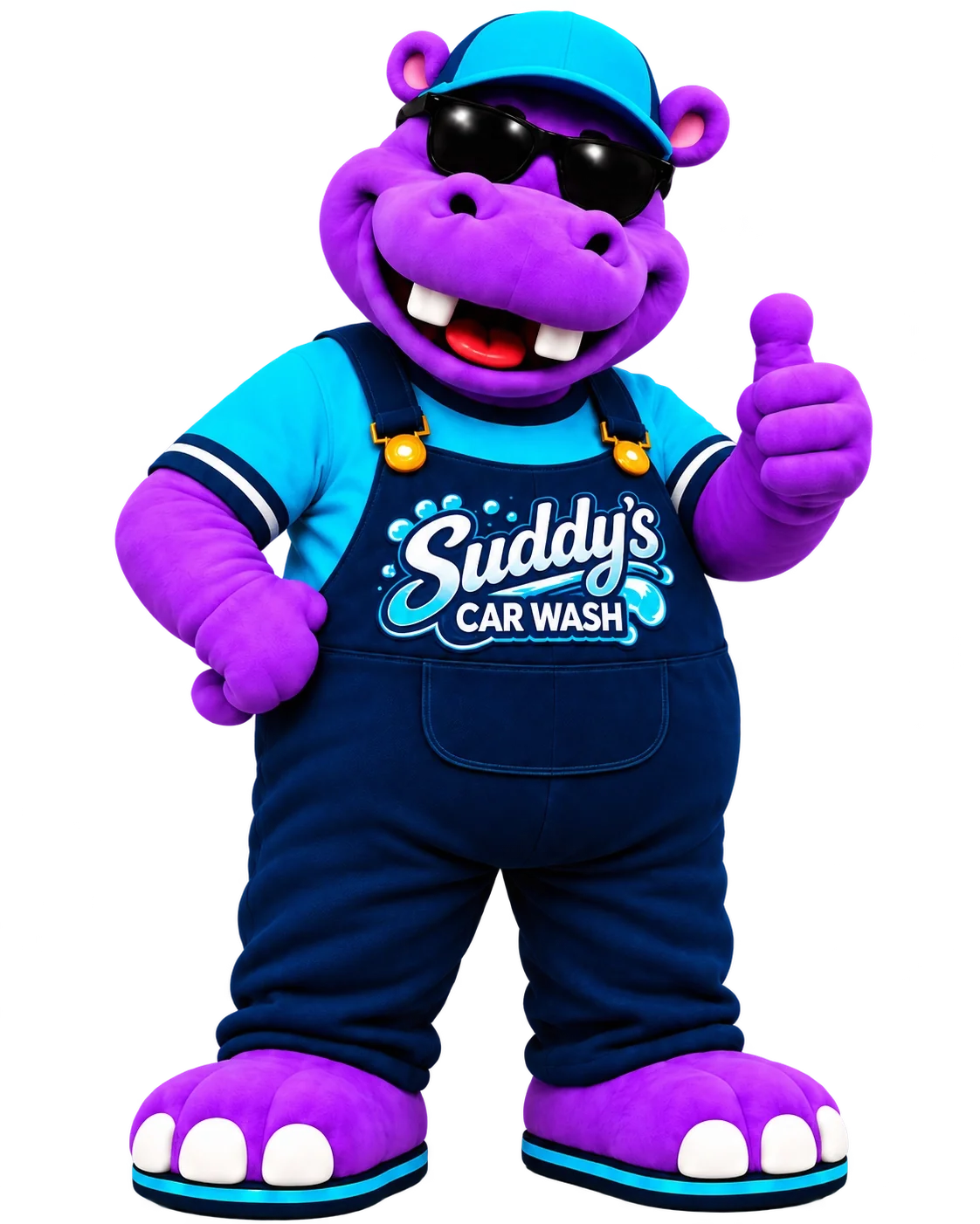 Suddy, the smiling purple hippo mascot, wearing sunglasses and giving a thumbs up